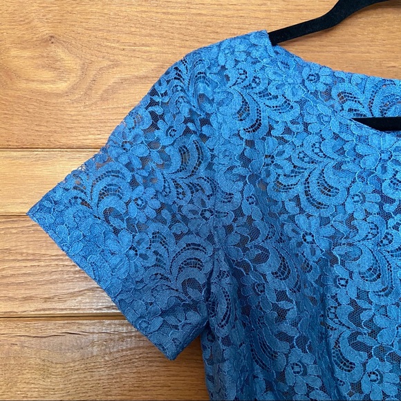 Vintage blue lace handmade A-line belted dress - Picture 6 of 11